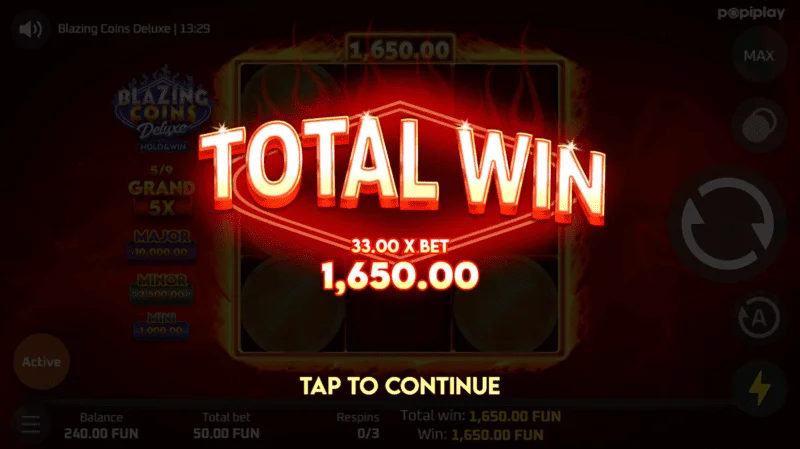 Blazing Coins Deluxe respin całkowita wygrana